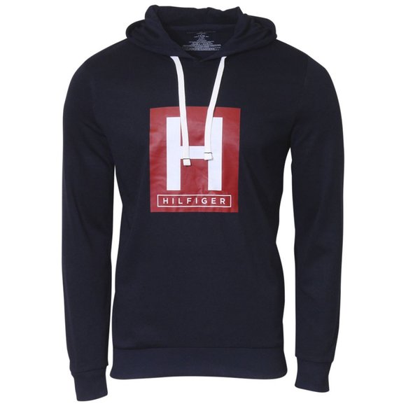 Tommy Hilfiger light weight Hoodie Pullover Box  H Logo Sweatshirt Dark NAVY SzL - Picture 1 of 6